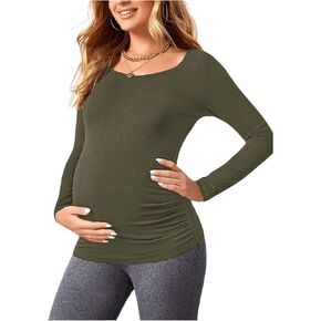 MakeMeChic Women's Maternity Tops Ruched Round Neck Long Sleeve Pregnancy Basic T Shirt