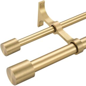 Warm Gold Double Rod Curtain Rods 72-144" (6-12ft), Decorative Double Drapery Rod with Cap Finials, 1 Inch Front and 5/8 Inch Back Heavy Duty Double Window Rods, Warm Gold Dual Curtain Rod