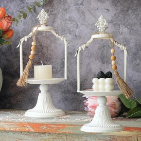 مجموعة من 2 فوانيس شموع بيضاء ريفية عتيقة - حوامل معدنية مزخرفة على شكل منزل مقاس 14 بوصة للشموع والنباتات وديكور المنزل in Kuwait