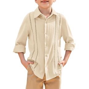 Haloumoning Boys Cuban Guayabera Shirt Kids Fashion Button Down Long Sleeve Shirts 5-14 Years