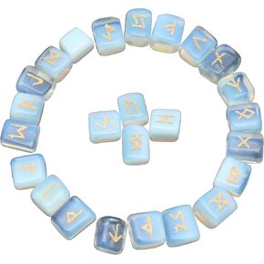 Opalite Rune Stones Set with Elder Futhark Alphabet Engraved Symbol for Chakra Balancing Runes with Pouch & Rune Symbol brochure Size :- 20-25 mm App.