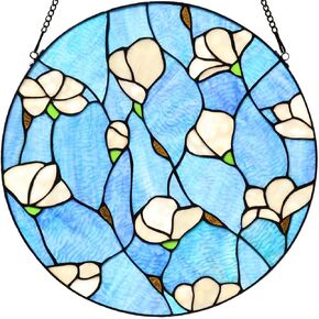Bieye W10063 Magnolia Flower Tiffany Style Stained Glass Window Panel with Chain, Round Shape, 16-inch Wide