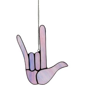 Rock and Roll Gesture Style (Purple) with Chain Stained Glass Window Hangings 5.5" W x 7.7" H Inches Decor for Home,Office,Coffee Shop