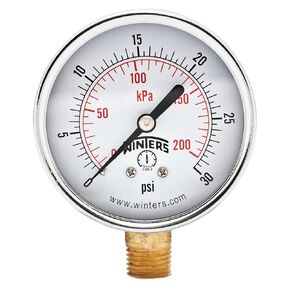 Winters 2-1/2 inch Dial Size, Multi Function Economy Utility Dry Pressure Gauge, Brass Internals, Black Steel Case, Dual Scale 0-15 psi/kPa, 3-2-3% Accuracy, 1/4 inch NPT Bottom Mount, Pressure Gauge