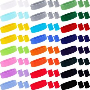 72 Pieces Sweatbands Set Including 24 Pieces Sports Headbands and 48 Pieces Wristbands Cotton Sweat Band Colorful Cotton Sweatband Set for Men and Women