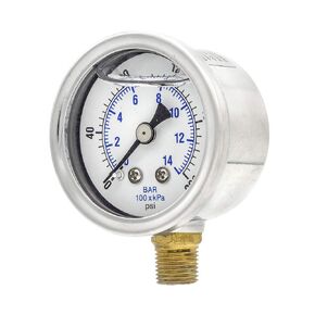 PIC Gauges 201L-158G Bottom Mount Glycerine Filled Pressure Gauge w/ SS Case, Brass Internals, SS Bezel, PC Lens, 1.5" Dial, 0/200 psi Range, 1/8" Male NPT