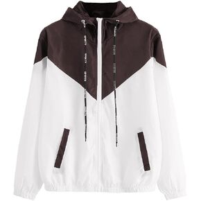Milumia Women Color Block Drawstring Hooded Zip Up Sports Jacket Windproof Windbreaker with Pocket