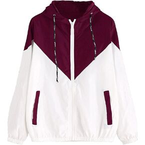 Milumia Women Color Block Drawstring Hooded Zip Up Sports Jacket Windproof Windbreaker with Pocket