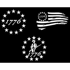 1776 Decals: 1776 Stars, Seventeen Seventy-Six Stars Minute Man, 1776 Betsy Ross Flag Decal (Large ~5", White)
