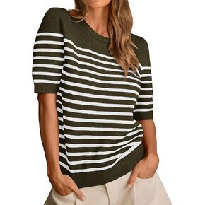 Amkoyam Women's 2024 Short Sleeve Crew Neck T Shirts Casual Striped Ribbed Knit Pullover Sweater Tops