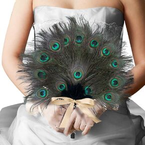 Vijiv Peacock Feather Fan Handheld Large Bridesmaid Bouquet for 1920s Wedding Bridal Great Gatsby Flapper Accessories Vintage Style for Party Ceremony Anniversary Dinning Table Centerpieces Decor