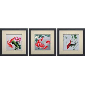 King Silk Art 100% Handmade Embroidery Mixed Group Feng Shui Orange & Black or Red Japanese Koi & Lotus Water Lilies Chinese Wildlife Fish Painting Anniversary Wedding Birthday Party Gifts Oriental