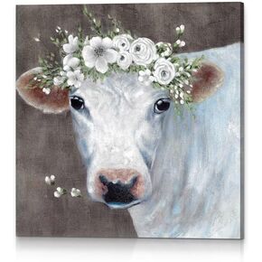 HILL WEST Rustic Cow Canvas Wall Art - Farm Animal Picture Cute Country Cattle Painting Farmhouse Artwork for Bedroom Living Room