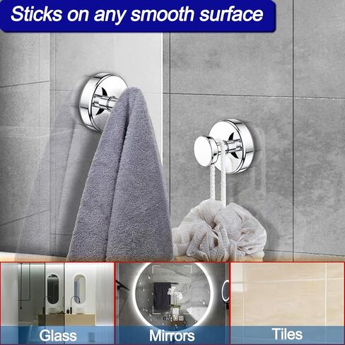 Suction Cup Hooks for Shower, Removable Towel Hooks for Bathroom Window Glass Door Wall, Bath Robe Looafh Hook for Hanging - 2 Pack, Chrome in Saudi Arabia