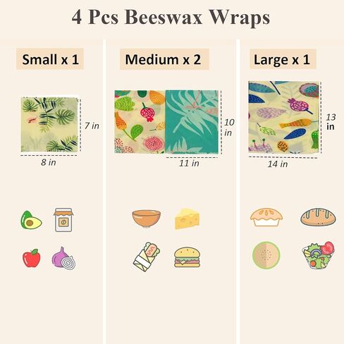 Reusable Beeswax Food Storage Wraps, 4 Pack Sustainable Beeswax Wraps Organic Cotton Wrapper for Food, MIATTCLD Beeswax Bread Bags Plastic-Free Fresh Food Keeper for Homemade Bread, Sandwich, Fruit in Kuwait