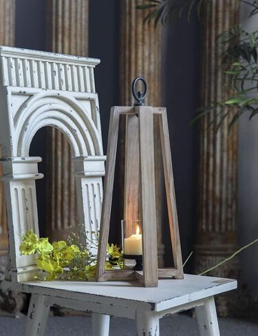 Farmhouse Wood Candle Lanterns Outdoor, 21" Tall Large Hurricane Pillar Candle Holder Outdoor,Rustic Metal Decorative Hanging Lantern Set for Indoor Parties and Weddings (8.1" x 8.1" x 21.3") in Saudi Arabia