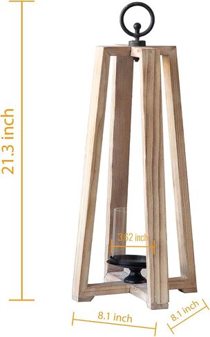 Farmhouse Wood Candle Lanterns Outdoor, 21" Tall Large Hurricane Pillar Candle Holder Outdoor,Rustic Metal Decorative Hanging Lantern Set for Indoor Parties and Weddings (8.1" x 8.1" x 21.3") in Saudi Arabia