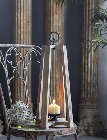 Farmhouse Wood Candle Lanterns Outdoor, 21" Tall Large Hurricane Pillar Candle Holder Outdoor,Rustic Metal Decorative Hanging Lantern Set for Indoor Parties and Weddings (8.1" x 8.1" x 21.3") in Saudi Arabia