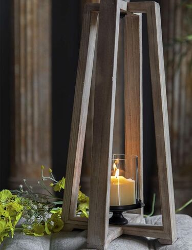 Farmhouse Wood Candle Lanterns Outdoor, 21" Tall Large Hurricane Pillar Candle Holder Outdoor,Rustic Metal Decorative Hanging Lantern Set for Indoor Parties and Weddings (8.1" x 8.1" x 21.3") in Saudi Arabia
