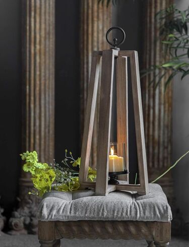 Farmhouse Wood Candle Lanterns Outdoor, 21" Tall Large Hurricane Pillar Candle Holder Outdoor,Rustic Metal Decorative Hanging Lantern Set for Indoor Parties and Weddings (8.1" x 8.1" x 21.3") in Saudi Arabia