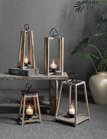 Farmhouse Wood Candle Lanterns Outdoor, 21" Tall Large Hurricane Pillar Candle Holder Outdoor,Rustic Metal Decorative Hanging Lantern Set for Indoor Parties and Weddings (8.1" x 8.1" x 21.3") in Saudi Arabia