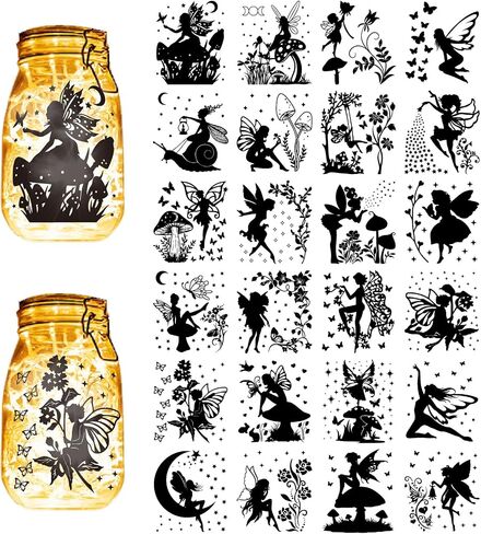 CREATCABIN 24Pcs Fairy Angel Silhouettes Mason Jar Decor Butterfly Star Laser Cut Cardboard Scrapbook Cutouts Die Cuts PVC for Crafting Lantern Jars Wall Painting Window Glass 3.9x3.5Inch-No Sticker in Saudi Arabia