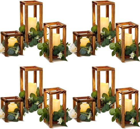 24 Pcs Wooden Candle Lantern Set Include 12 Wedding Centerpieces for Tables Wooden Lantern Centerpiece 12 Flameless Decorative LED Candles for Rustic Wedding Farmhouse Country, 6in 9in 12in in Saudi Arabia