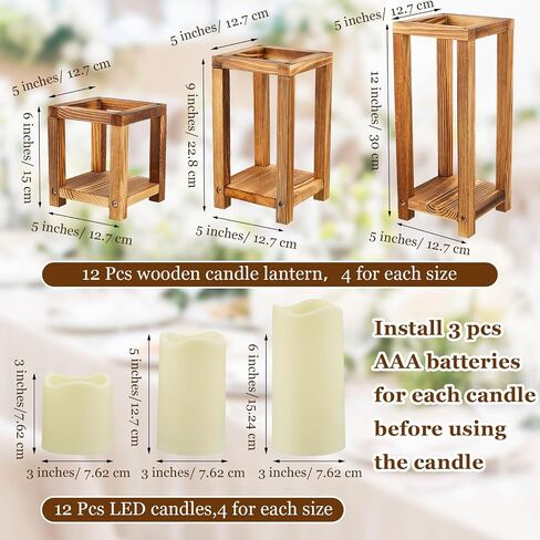 24 Pcs Wooden Candle Lantern Set Include 12 Wedding Centerpieces for Tables Wooden Lantern Centerpiece 12 Flameless Decorative LED Candles for Rustic Wedding Farmhouse Country, 6in 9in 12in in Saudi Arabia