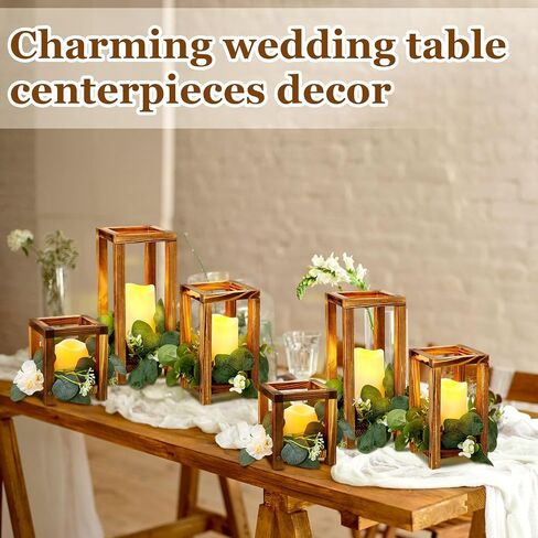24 Pcs Wooden Candle Lantern Set Include 12 Wedding Centerpieces for Tables Wooden Lantern Centerpiece 12 Flameless Decorative LED Candles for Rustic Wedding Farmhouse Country, 6in 9in 12in in Saudi Arabia