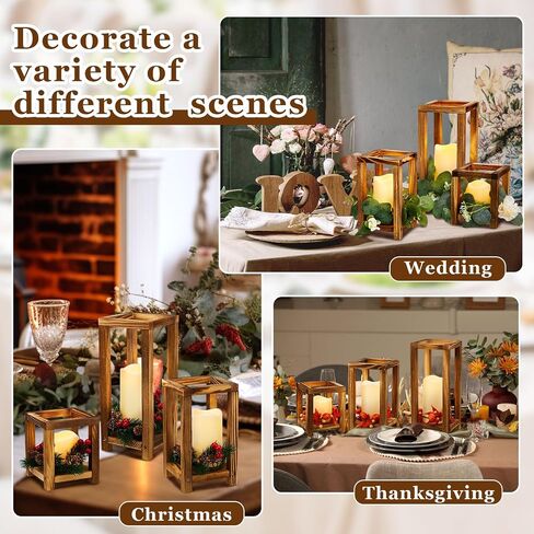 24 Pcs Wooden Candle Lantern Set Include 12 Wedding Centerpieces for Tables Wooden Lantern Centerpiece 12 Flameless Decorative LED Candles for Rustic Wedding Farmhouse Country, 6in 9in 12in in Saudi Arabia