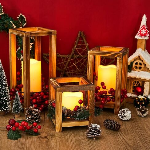 24 Pcs Wooden Candle Lantern Set Include 12 Wedding Centerpieces for Tables Wooden Lantern Centerpiece 12 Flameless Decorative LED Candles for Rustic Wedding Farmhouse Country, 6in 9in 12in in Saudi Arabia