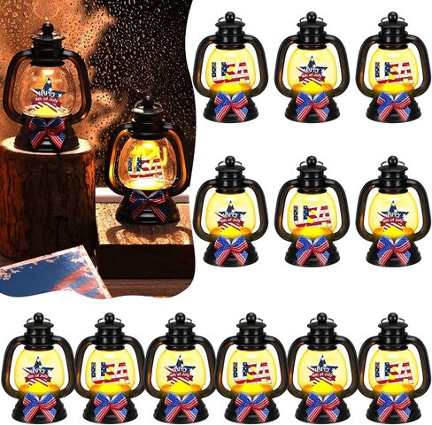 12 Pcs 4th of July Mini Lanterns Decoration Small Lantern with USA Patriotic Star Pattern Double Sided Printing and LED Candle Hanging Ornaments for Independence Day Yard Table Party Decor in Saudi Arabia