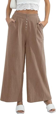 Les umes Womens Casual Wide Leg Pants Cotton Long Trousers High Wasit Loose Palazzo Pants with Pockets in Saudi Arabia