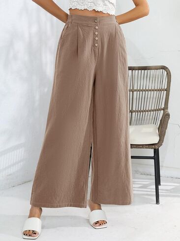 Les umes Womens Casual Wide Leg Pants Cotton Long Trousers High Wasit Loose Palazzo Pants with Pockets in Saudi Arabia