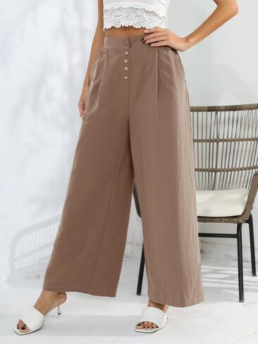 Les umes Womens Casual Wide Leg Pants Cotton Long Trousers High Wasit Loose Palazzo Pants with Pockets in Saudi Arabia