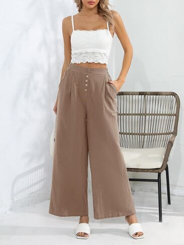 Les umes Womens Casual Wide Leg Pants Cotton Long Trousers High Wasit Loose Palazzo Pants with Pockets in Saudi Arabia