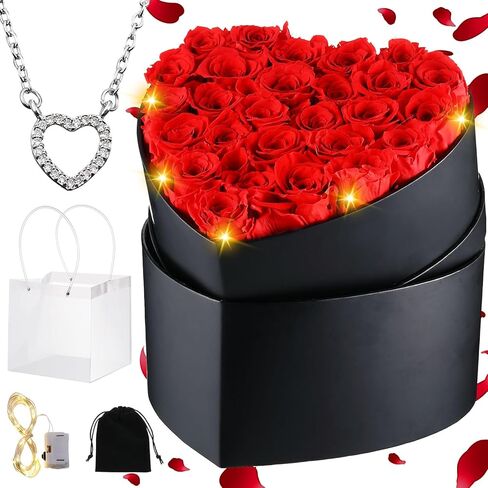27 قطعة من الزهور المحفوظة للنساء على شكل قلب صندوق زهور محفوظة مع قلادة على شكل قلب وحقيبة هدايا شفافة وخفيفة لهدايا عيد الميلاد للنساء والصديقة والزوجة والجدة in Kuwait