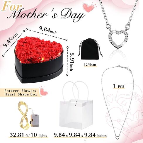27 قطعة من الزهور المحفوظة للنساء على شكل قلب صندوق زهور محفوظة مع قلادة على شكل قلب وحقيبة هدايا شفافة وخفيفة لهدايا عيد الميلاد للنساء والصديقة والزوجة والجدة in Kuwait