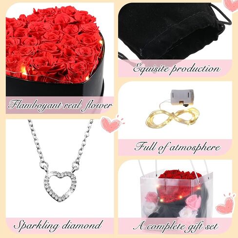 27 قطعة من الزهور المحفوظة للنساء على شكل قلب صندوق زهور محفوظة مع قلادة على شكل قلب وحقيبة هدايا شفافة وخفيفة لهدايا عيد الميلاد للنساء والصديقة والزوجة والجدة in Kuwait