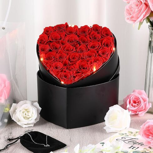 27 قطعة من الزهور المحفوظة للنساء على شكل قلب صندوق زهور محفوظة مع قلادة على شكل قلب وحقيبة هدايا شفافة وخفيفة لهدايا عيد الميلاد للنساء والصديقة والزوجة والجدة in Kuwait