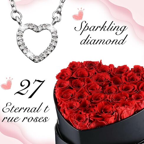 27 قطعة من الزهور المحفوظة للنساء على شكل قلب صندوق زهور محفوظة مع قلادة على شكل قلب وحقيبة هدايا شفافة وخفيفة لهدايا عيد الميلاد للنساء والصديقة والزوجة والجدة in Kuwait