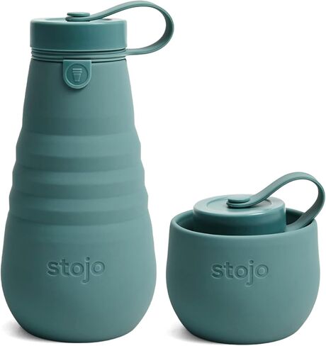 STOJO Collapsible Water Bottle – Eucalyptus Teal, 20oz / 592ml - Leak-Proof Reusable Silicone Travel Cup for Hot & Cold Drinks - Microwave & Dishwasher Safe in Saudi Arabia