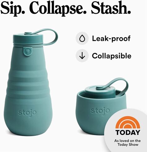 STOJO Collapsible Water Bottle – Eucalyptus Teal, 20oz / 592ml - Leak-Proof Reusable Silicone Travel Cup for Hot & Cold Drinks - Microwave & Dishwasher Safe in Saudi Arabia
