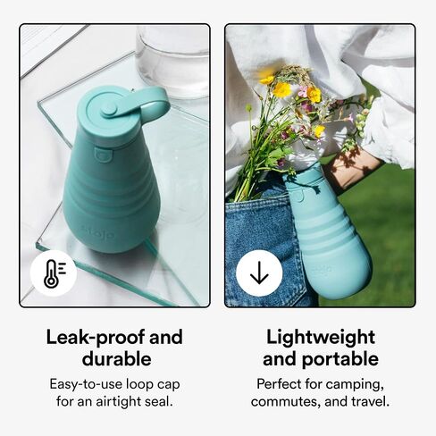 STOJO Collapsible Water Bottle – Eucalyptus Teal, 20oz / 592ml - Leak-Proof Reusable Silicone Travel Cup for Hot & Cold Drinks - Microwave & Dishwasher Safe in Saudi Arabia
