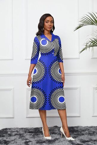 فستان نسائي من FANDEE بأكمام 3/4 وفتحة رقبة على شكل V وحفلات الكوكتيل فستان متوسط ​​الطول بخصر عالٍ 2024 فستان رسمي مع جيب in Kuwait