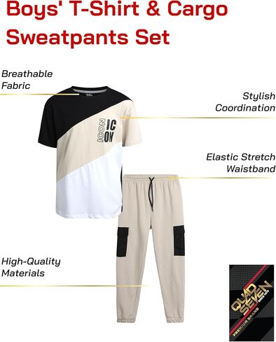 طقم سراويل للأولاد من Quad Seven - قطعتان من تي شيرت بأكمام قصيرة وبنطال رياضي French Terry Cargo مع جيوب (8-18) in Kuwait
