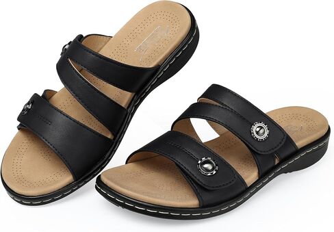 SHIBEVER Women Dressy Flat Sandals: Comfortable Arch Support Sandal | Non Slip Orthopedic Slip On Flats - Adjustable Fit Wide Feet - Summer All Day Standing Walking Sandal in Saudi Arabia