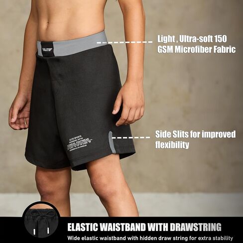 Elite Sports Kids MMA BJJ No GI UFC Grappling Shorts, Sports Shorts for Boys & Girls, Youth Jiu Jitsu Training Shorts Black in Saudi Arabia