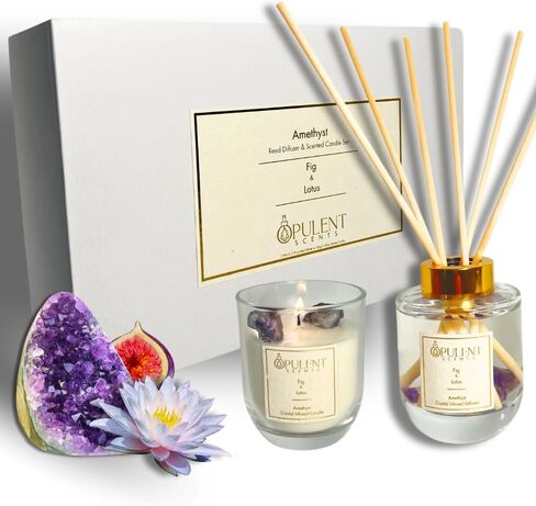 Crystal Scented Candle & Diffuser Set with Obsidian | Amber & Vanilla Aroma by Opulent Scents | 100% Natural Soy Wax & Oil | Gifts for Home Healing & Protection in Saudi Arabia