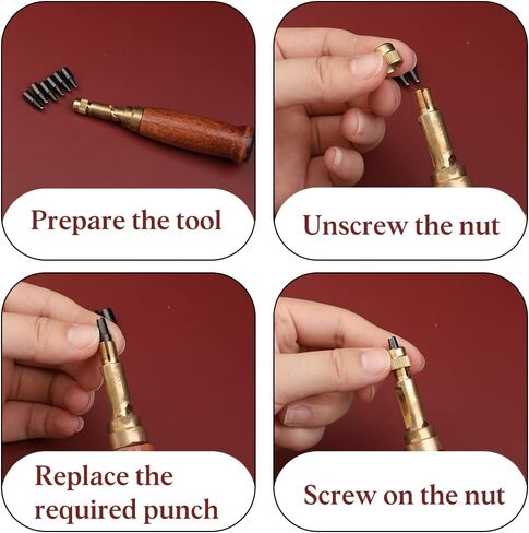 Adjustable Screw Hole Punch Automatic Hole Punch Tool with Wooden Handle Bookbinding Tool leather Hole Punch with 6 Tips Size 1.5mm/2mm/2.5mm/3mm/3.5mm/4mm in Kuwait